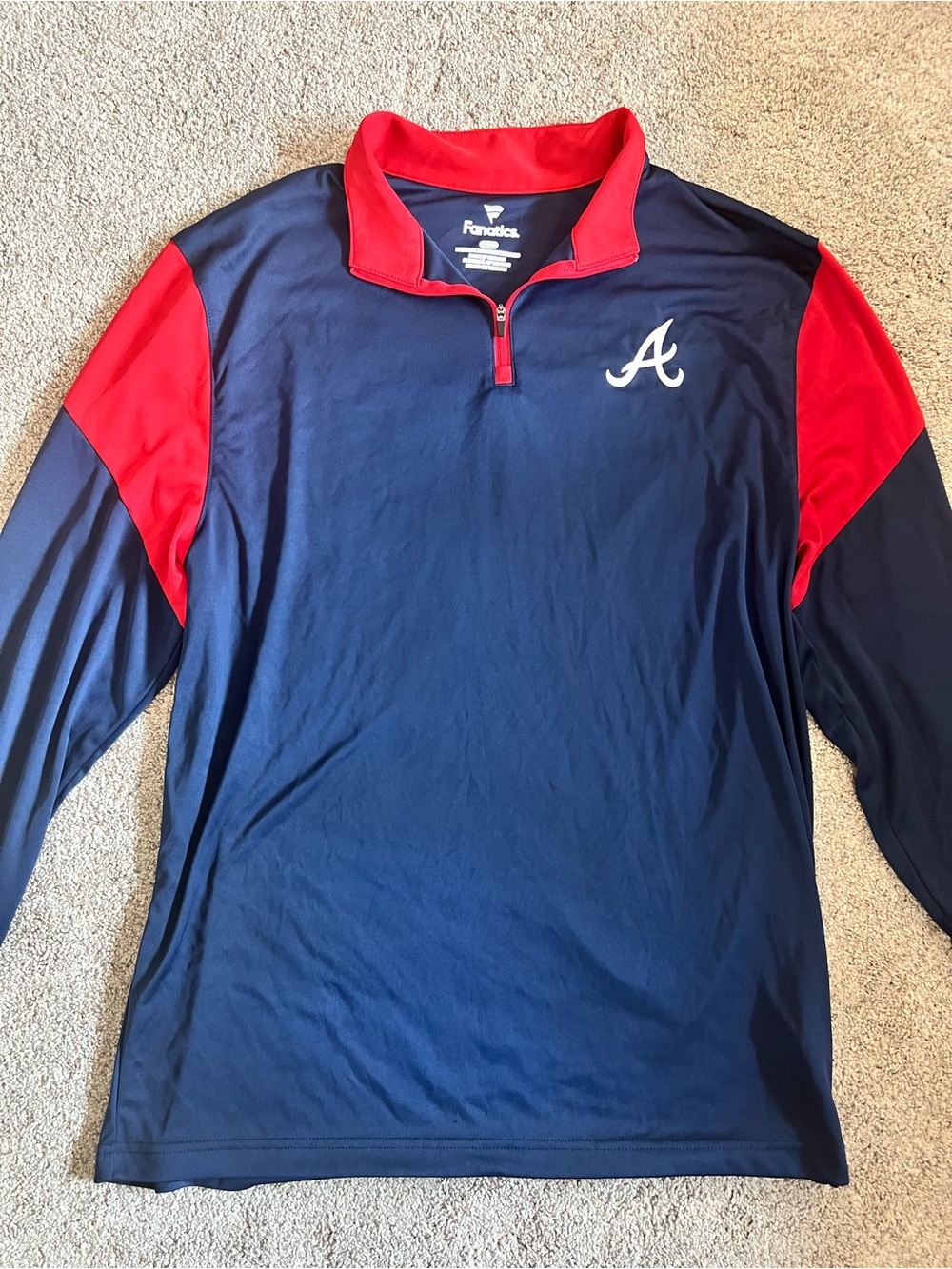 Fanatics Mens Navy and Red Atlanta Braves 1/4 Zip Pullover Long Sleeve Polo L